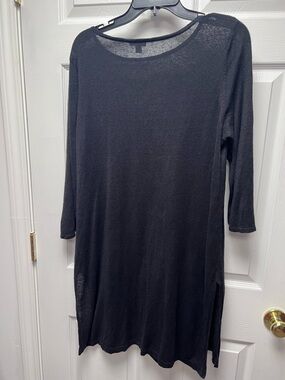 J. Jill Black Linen Blend Scoop Neck Side Slits 3/4 Sleeve Tunic Large